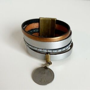 Leather Wrap Coin Charm Bracelet Metallic Silver Copper Magnetic Clasp Boho